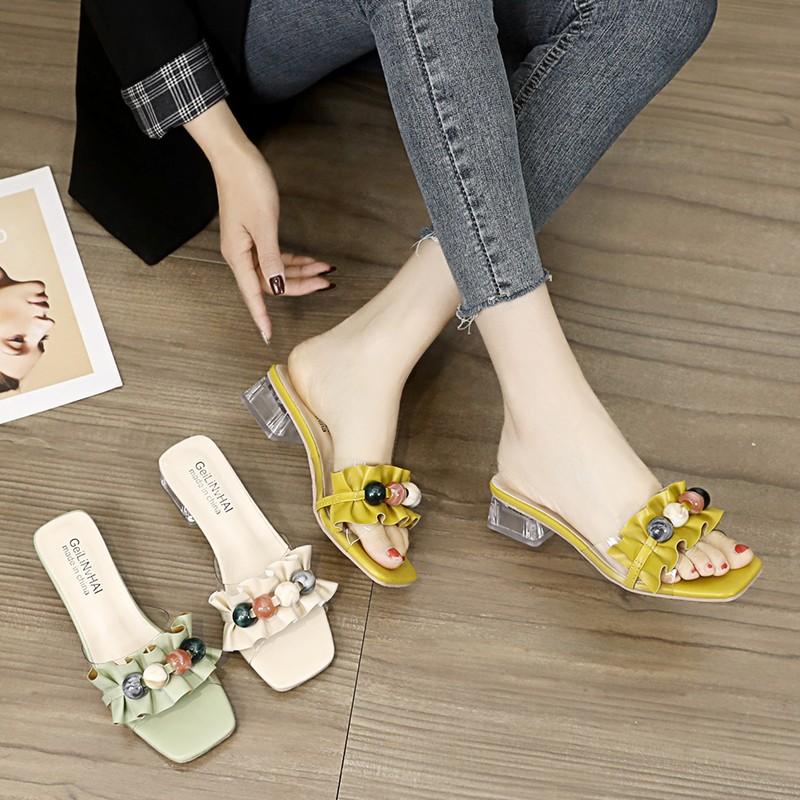 Ladies' Summer Mid Heeled Cool Slippers Women's Outerwear One Line Slippers Versatile Bead Crystal Heels Shoes