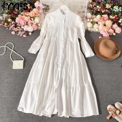Moda feminina primavera outono cor sólida estampa manga comprida gola redonda cintura solta vestidos casuais
