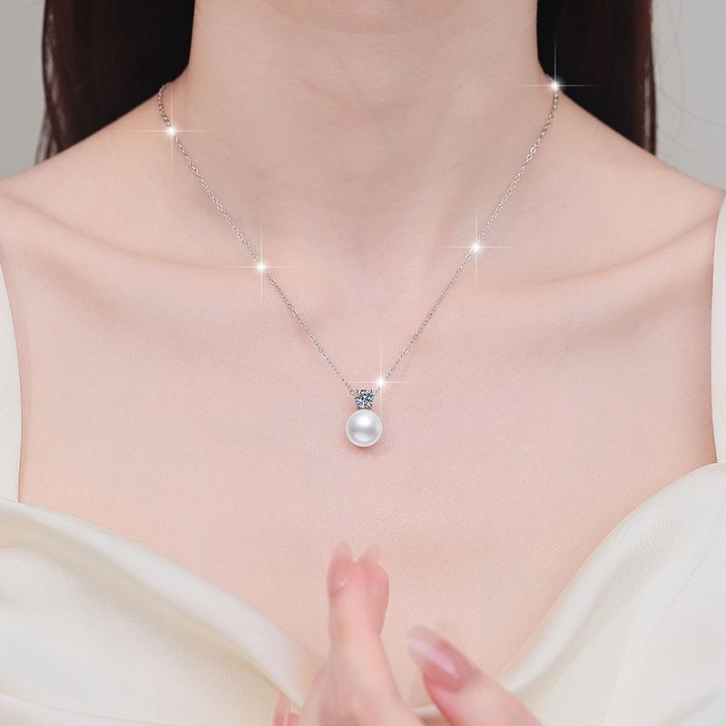 Natural Freshwater Pearl Simple Moissanite Clavicle Chain S925 Sterling Silver Necklace 2026