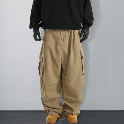 Men Cargo Pants Multi Pockets Drawstring Waist Vintage Hip Wide Leg Elastic Hop Streetwear Loose Solid Color Outdoor Long