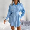 Asymmetric High Waist Dress Autumn Winter Women Lapel Neck Solid Color Lantern Sleeve Shirt Dress
