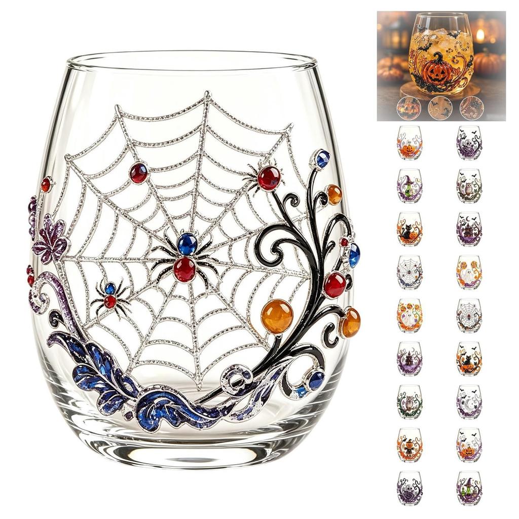 2D Halloween Artisan Glassware Collection, Drinking Glasses with Raised Pumpkin Ghost Black Cat Web Design, Spooky Clear Cups for Cocktails Juice