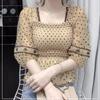 Mesh-Einsätze Wellenpunkt Bluse Damen Crop Top Quadratischer Ausschnitt Chiffonhemd Elastischer Raffrücken Temperament Feenhafter Stil Sommer