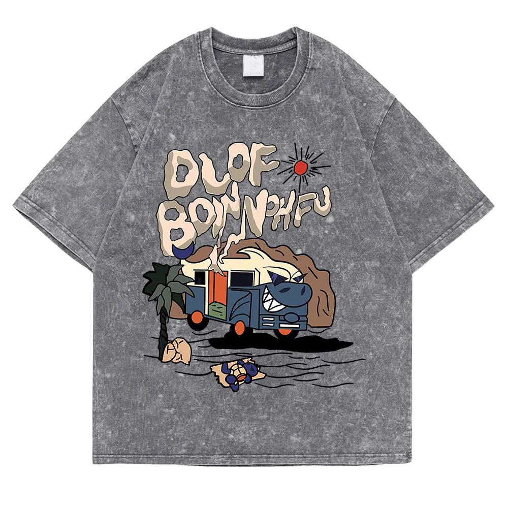 Interesting Cartoon Bus Printing Washed Retro Snow Male Tshirt Oversized Loose T Shirts Cotton Breathable T-Shirts