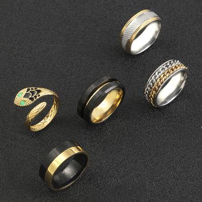 Titanium Steel Jewelry Flat Glossy Black Gold Splicing Color Ring Hip Hop Stainless Steel Ring Factory Direct Sale
