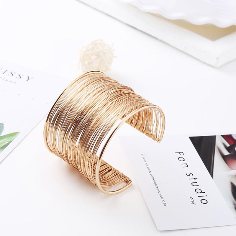 Women Multilayer Metal Wires Strings Open Bangle Wide Cuff Bracelet Jewelry