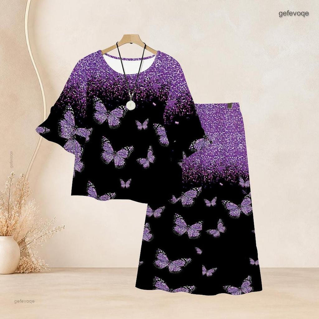 Women Plus Size White Two Piece Set Round Neck Flared Half Sleeve Printed Top Long Skirt