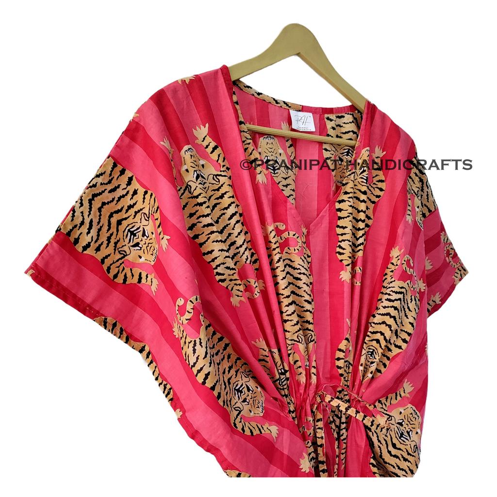 Women Cotton Summer Red Sleepwear Tibetan Tiger Print Long Maxi Caftan Dress CKFTN-SCRN-FULL-BUYIT-106