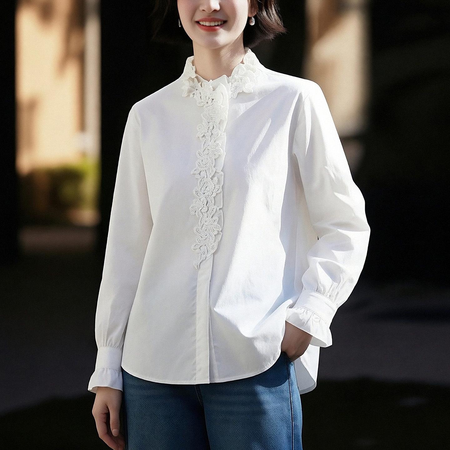 

Women s White Pure Cotton Stand Collar Shirt with Heavy Embroidery, Long Sleeve, Spring 2026 Style One Size