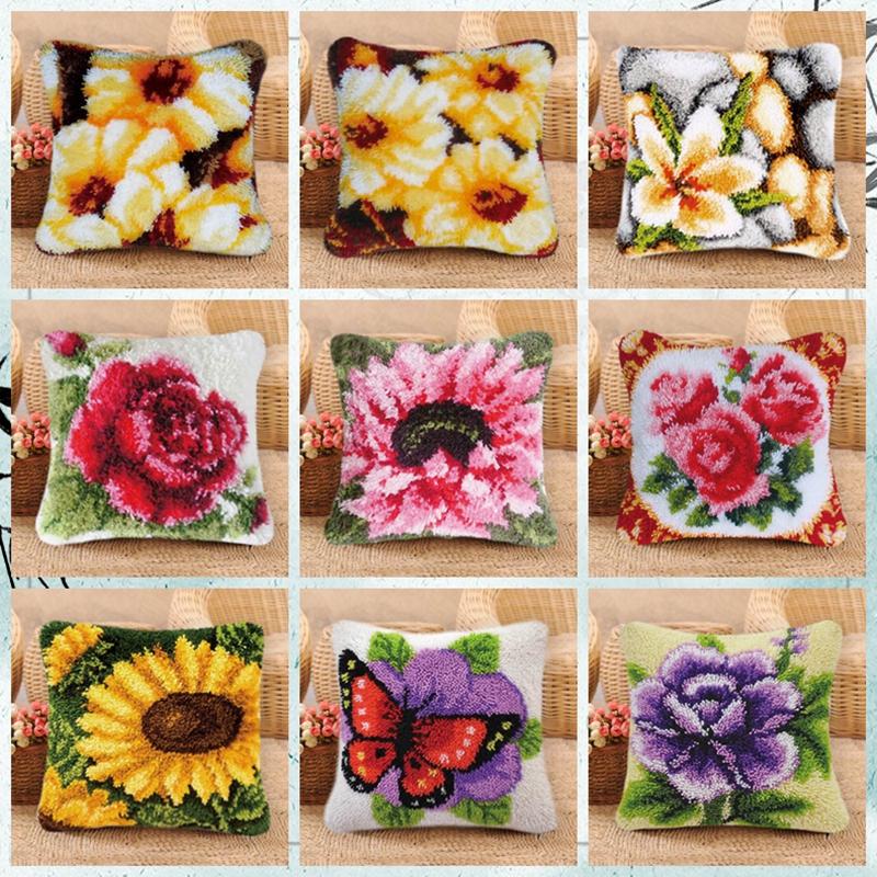 Plant Series Segment Embroidery Pillow Flowers Grass Coarse Wool Cross Stitch 3D Latch Hook Carpet Embroidery DIY Latch Hook Kit