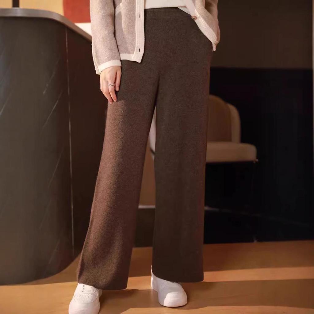 Women's Drapey High-Waisted Wide-Leg Wool Pants, Autumn/Winter Style, Soft, Versatile, Casual, Floor-Length, Straight-Leg Knit.