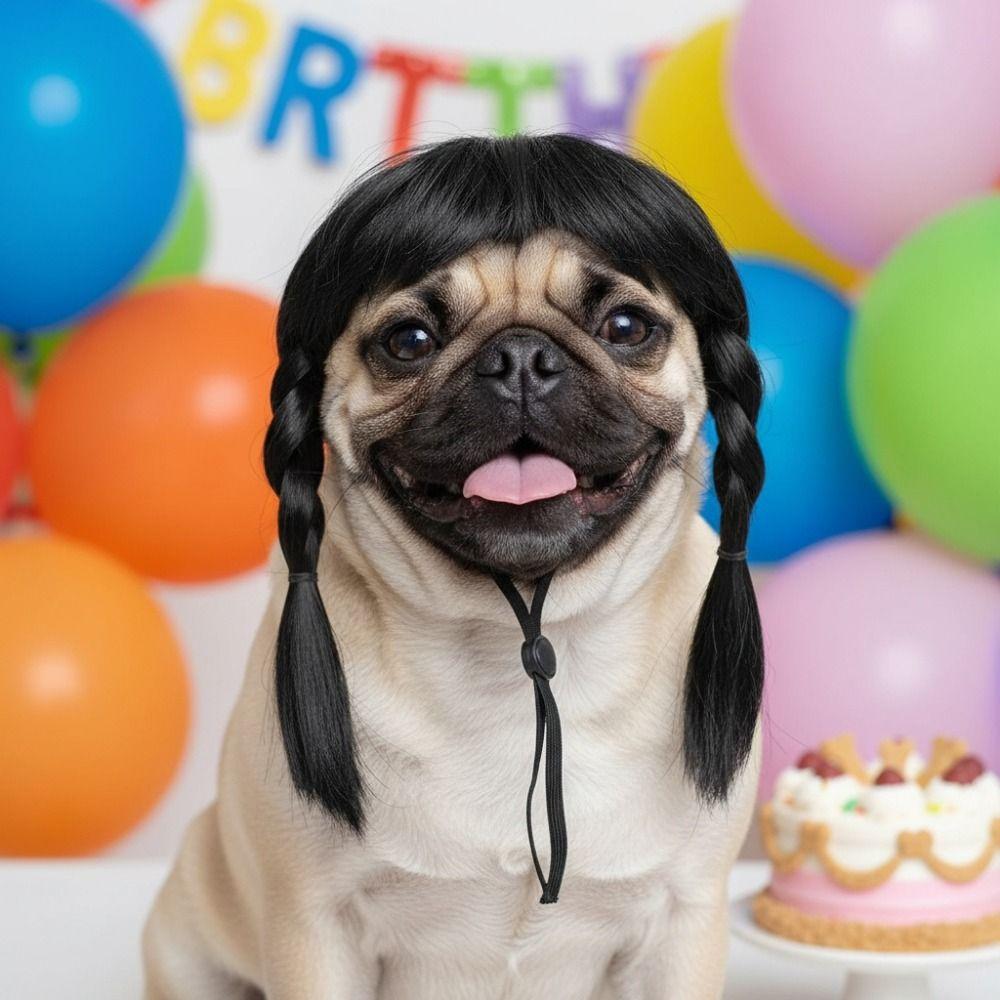 Funny Double Ponytail Pet Hairpiece Black Cosplay Wig Easy to Wear Animal Wig Festival Cosplay
