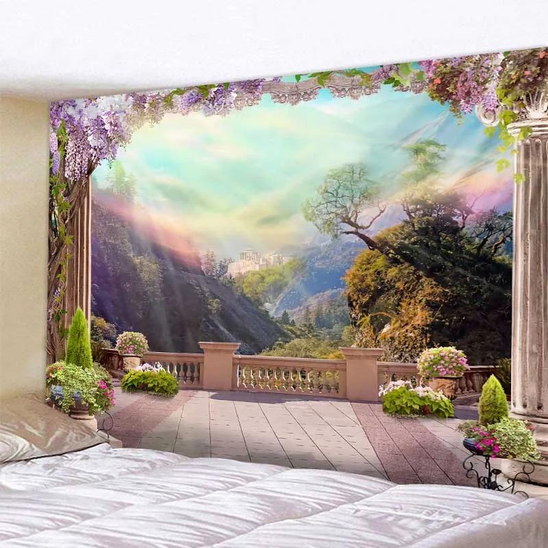 Bohemian aesthetic home wall decoration beautiful landscape tapestry European garden sea view wall hanging hippie