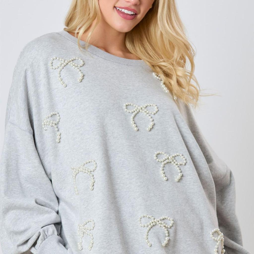 Women's Solid Color Pearl Bow Long Sleeved Top Sweatshirt