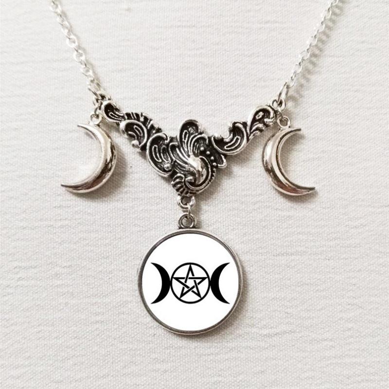 Triple Moon Silver Necklace with Full Moon and Crescent Pendant