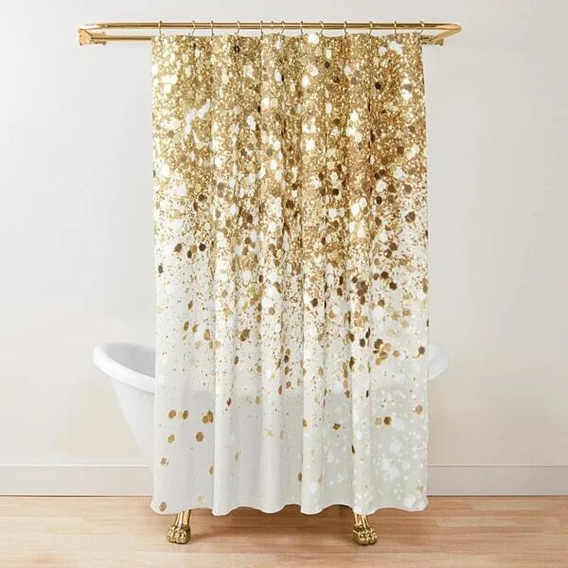 Gold Glitzer Glam Duschvorhang, goldfarbener Funkelnder Glänzender Kunst Badevorhang, Polyester Waschbares Badezimmer Vorhänge Set mit Haken
