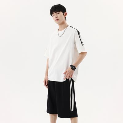 Summer Striped Men's Casual Sports Set Large Size Set Short Sleeved Shorts One Set Large Size Men's