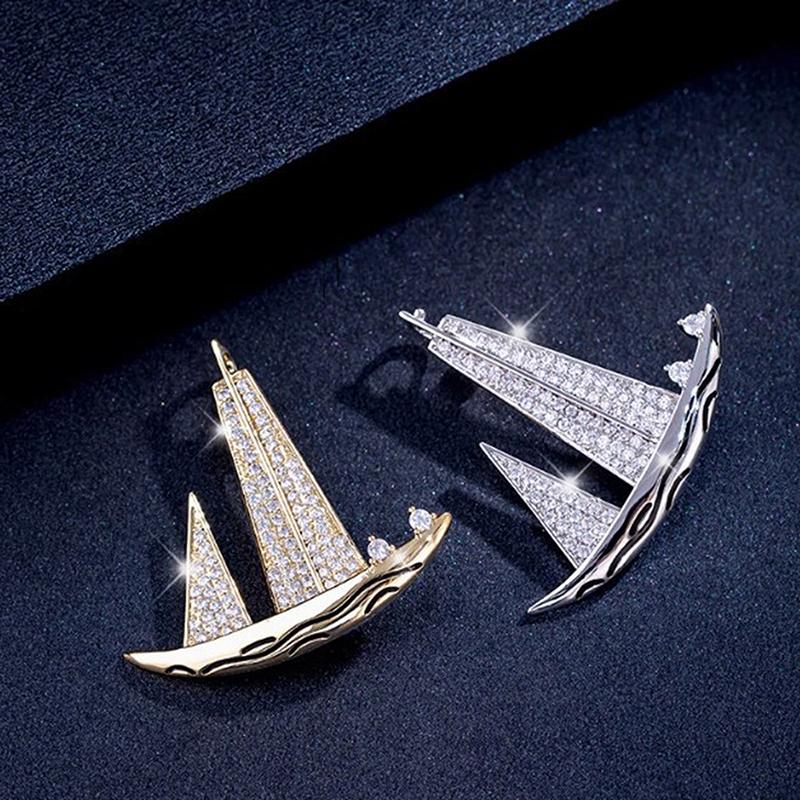 Exquisite Small Sailboat Brooch For Women Men Temperament Lapel Pins Versatile Shiny Corsage Clothing Accessories Gifts