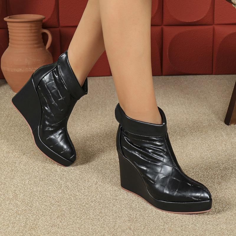 2025 Autumn Early Winter Shoes Women High Heels Boots Pointed toe Fashion Ladies Wedges Shoes 10cm Black White Plus Size 42