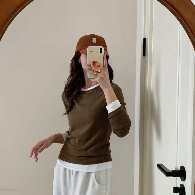 Ladies Autumn Winter Long Sleeve Fake Two Piece Basic Solid Color Pullover Knitted T Shirt Top