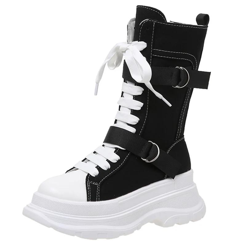 Fashion Chunky Platform Orange Canvas Shoes Women 2025 Autumn Thick Bottom Lace Up Ankle Boots Brand Design Y2K Woman's Motorcycle Boots