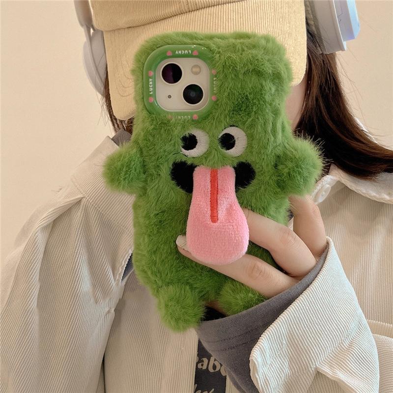 Cute Plush Magnetic Tongue-Sticking Little Monster Phone Case For iPhone 15 14 11 12 13 Pro Max Creative Anti-Drop Phone Cover