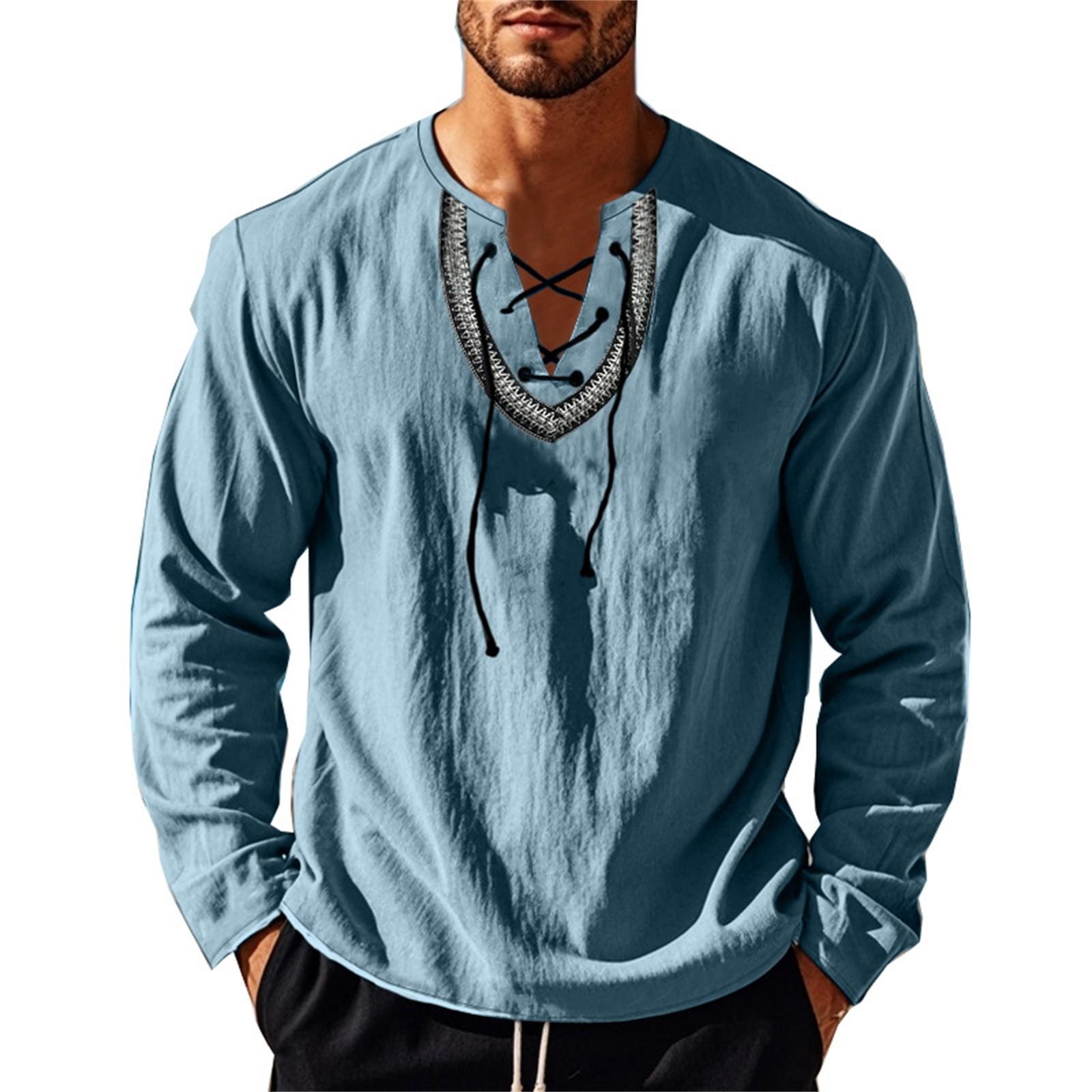 

Men s Loose Casual Cotton And Linen Drawstring Collared Shirt Top M