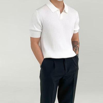Striped Summer Knit Elastic Polo - Loose Fit Short Sleeve Shirt