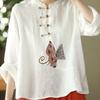 Ethnic Style Large Size Cotton and Linen Shirt Women's Spring and Summer Clothes Style Disc Button Top Literary Embroidery Loose Top Tea Dress Women