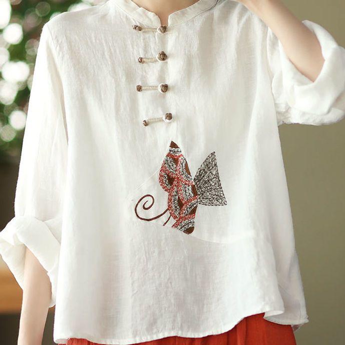Ethnic Style Large Size Cotton and Linen Shirt Women's Spring and Summer Clothes Style Disc Button Top Literary Embroidery Loose Top Tea Dress Women