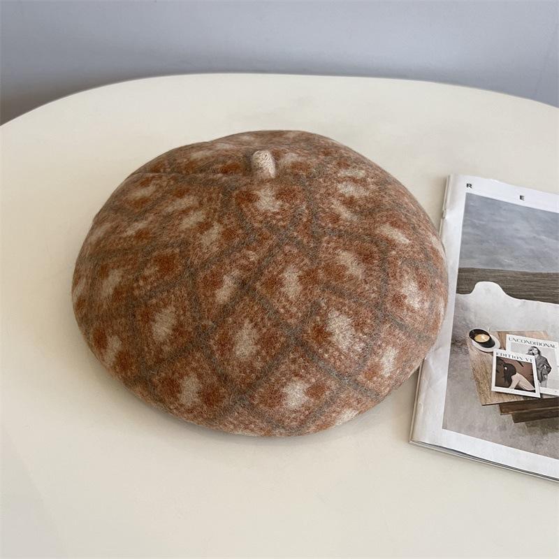 Japanese Australian 100% Wool Jacquard Beret For Girls, Autumn And Winter Artistic Retro Light Luxury Casual Warm Painter Hat