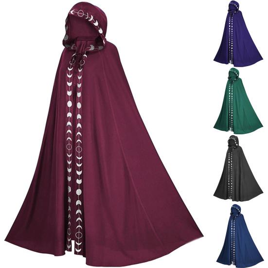 Hooded Moon Print Unisex Cloak Medieval Extra Long Lace Up Halloween Cape Cosplay Costume