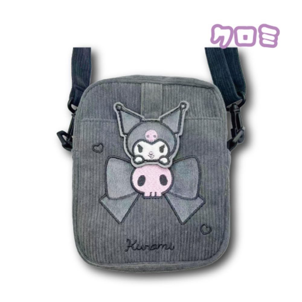 Hatayama Shoji Sanrio Corduroy Character Shoulder Pouch, Cute Mini Shoulder Bag, Kuromi [Body] Approx. H18 x W14 x D5cm  [Belt] Max. 120cm  [Patch]
