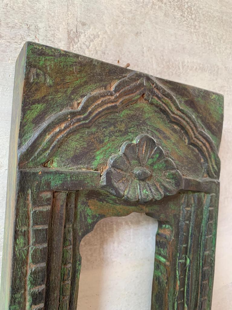 Rustic Green Jharokha Wall Decor: Carved Wooden Window Frame