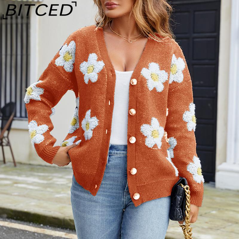 BITCED Damen 3D Floral V-Ausschnitt Strick-Cardigan Herbst/Winter Lässige Strickjacke mit entspannter Passform
