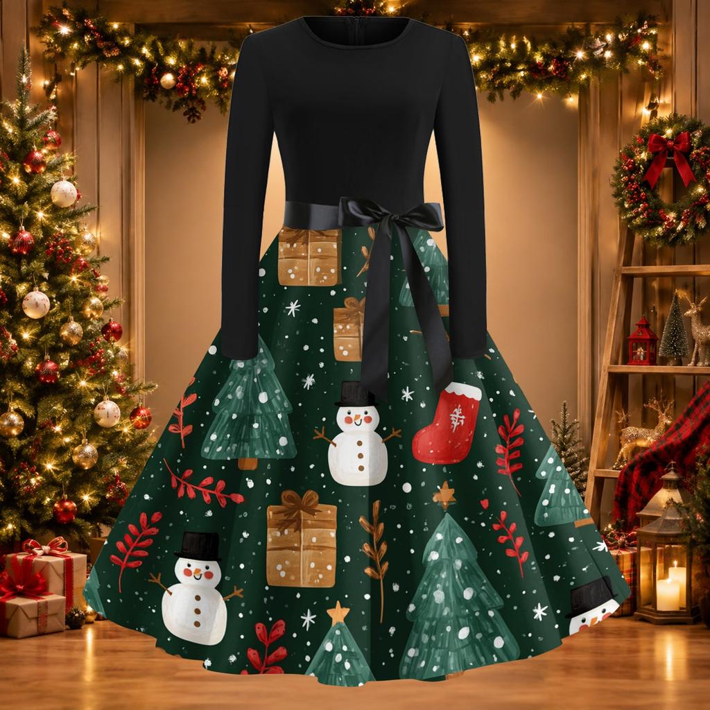 Women's Vintage Christmas Print Round Neck Casual Dress