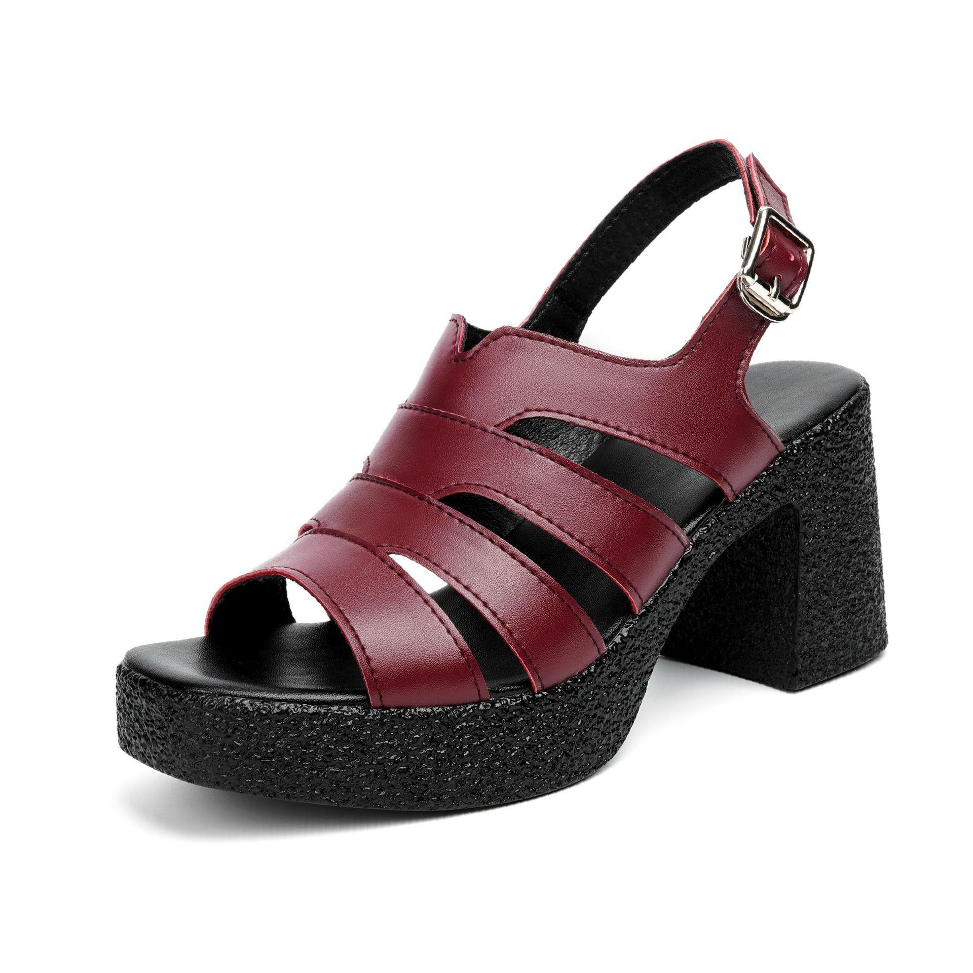 

8cm Comfortable Thick Bottom Platform Sandals Block High Heeled Shoes 2025 Summer Genuine Leather Sandals for Office Model Mom 34 бордовий