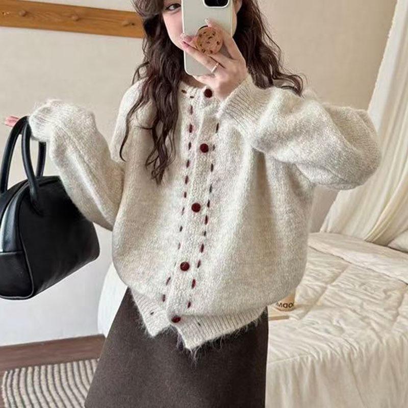 

New Autumn and Winter Korean High-end Hand-stitched Round Neck Knitted Cardigan Design Sweater Jacket for Women L абрикосовий