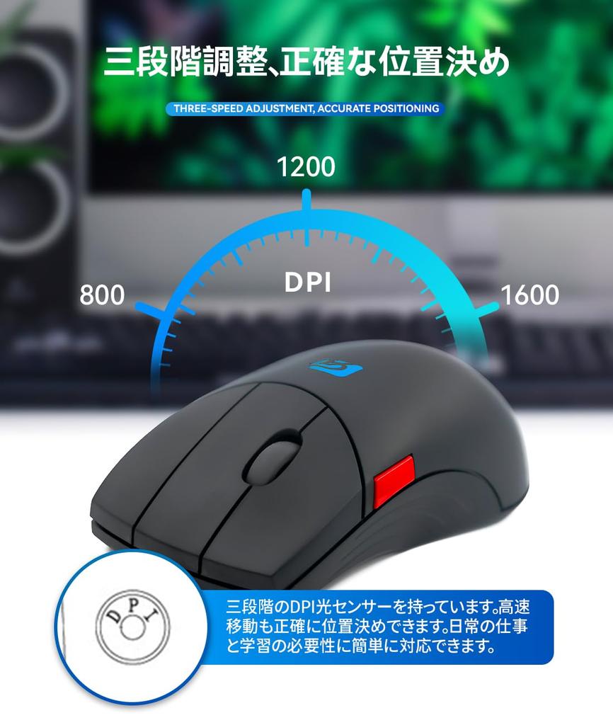 Absdefen Wireless Mouse, 5 Buttons, 3DPI Modes, 800-1600DPI, High Precision, Adjustable Buttons, Independent Scroll Button, Custom Macro Definition