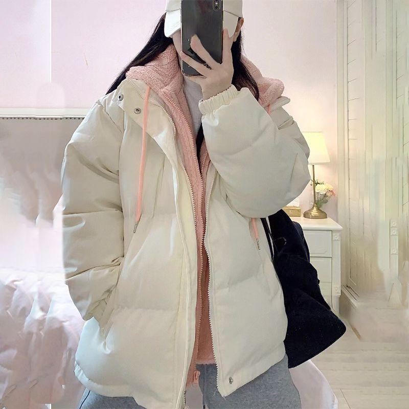 Ladies Spliced Lamb Wool Thickened Cotton Suit Female Ins Winter Warm Student Casual Loose Hooded Bread Suit Y2K Coat Jackets