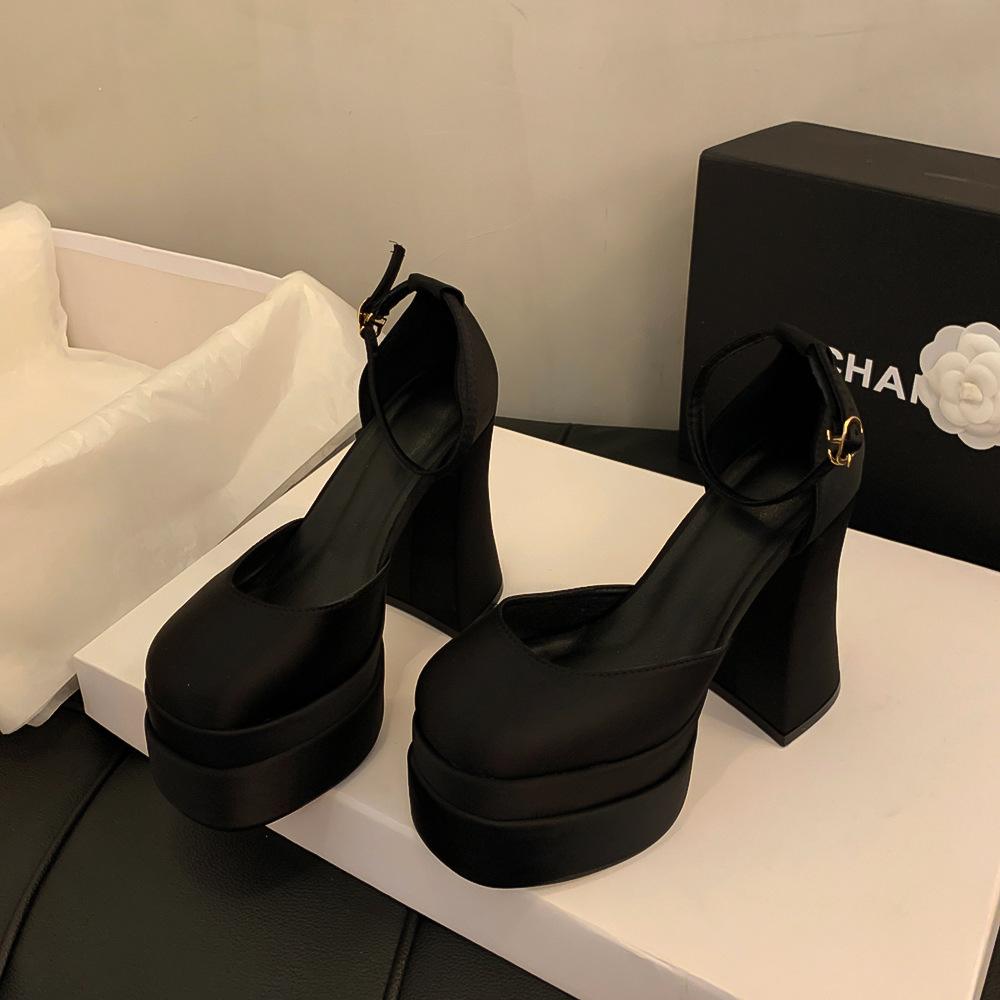 Salto Alto Preto de Salto Grosso Que Não Cansa Seus Pés, Cetim Impermeável Plataforma Retrô Mary Jane Sapatos Femininos