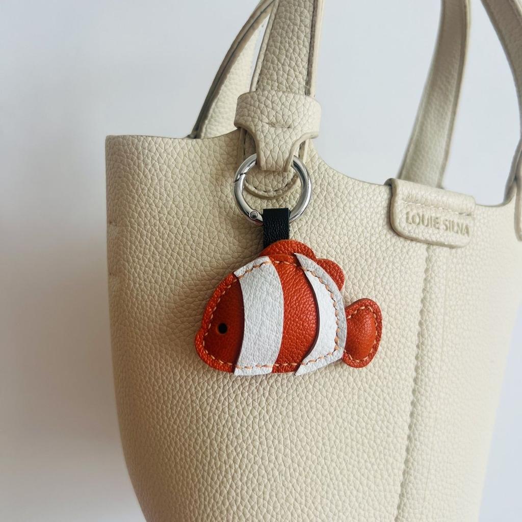 Cute Genuine Leather Clownfish Keychain for Bag or Car