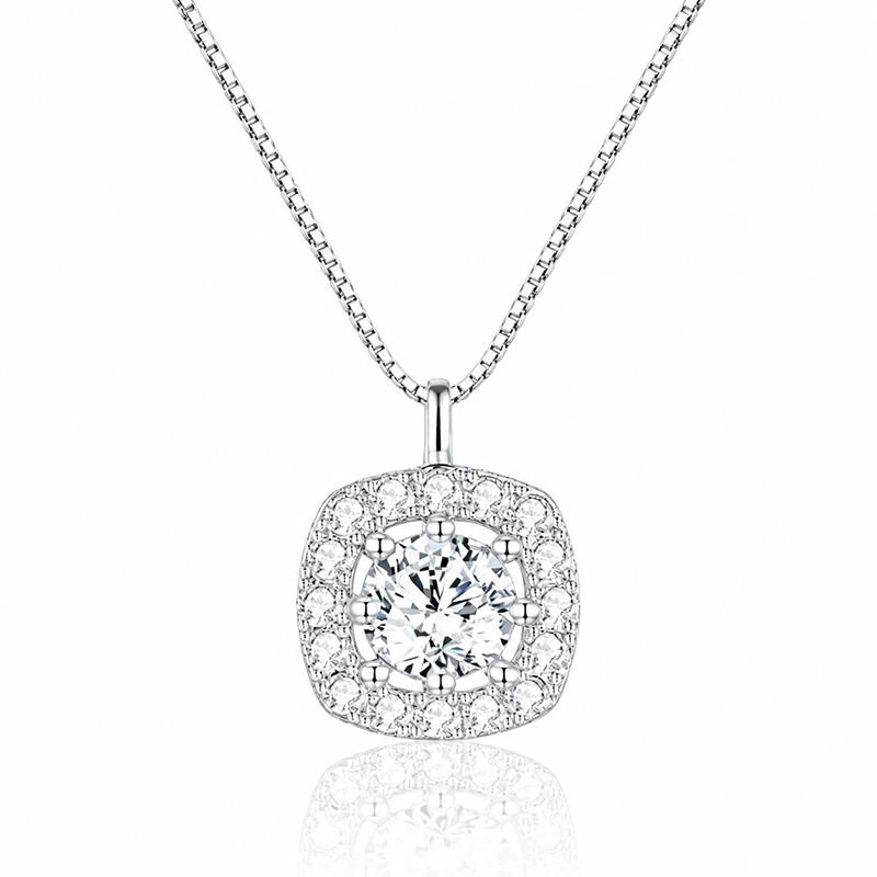 Classic Square Cushion Cut CZ Pendant Necklace Silver Tone Cubic Zirconia Halo Necklace for Women Elegant Pendant Jewelry Gift for Daily Party Wedding J0801