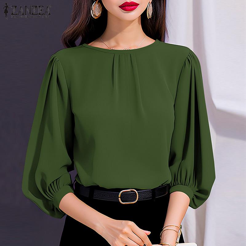 ZANZEA Women Casual O-neck Solid Color Loose 3/4 Sleeve Blouse