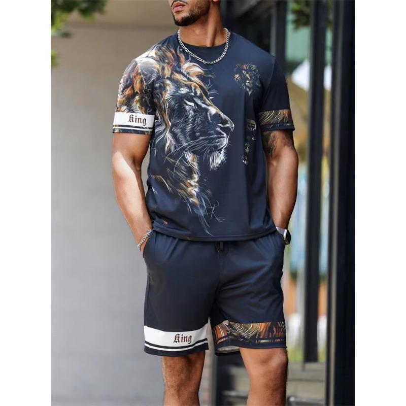 2024 New Crew Neck Short Sleeve T-shirt Fashion Shorts Set 3D Lion Print Short Sleeve Shorts 2-piece Men's Summer Sports Set