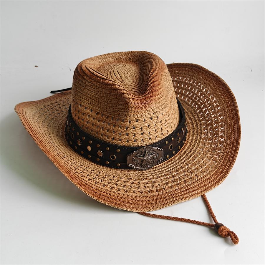 Western Cowboy Straw Hat For Men Women Vintage Outlaw Cowgirl Sun Sombrero Hat With Metal Star Emblem Band Beach Summer Caps