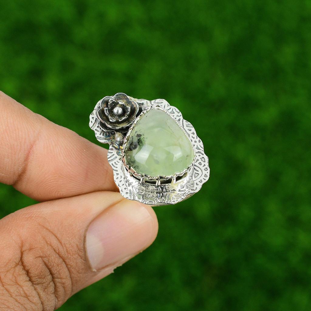 Natural Moss Prehnite Promise Birthday Flower Ring Jewelry 925 Sterling Silver