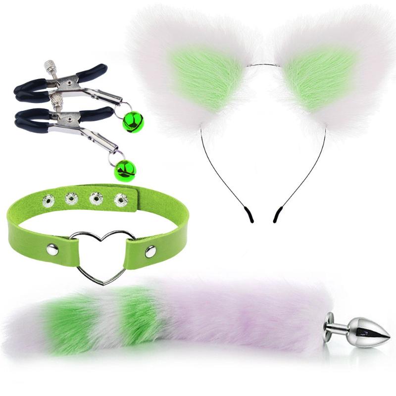 4Pcs/Set Cute Fox Tail Anal Plug Cat Ears Headbands Set Nipple Clip Neck Collar Cosplay Sex Toys For Women