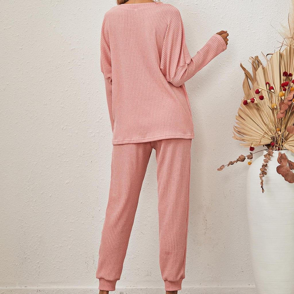 2025 Autumn Winter Women's Solid Color Loungewear Set, Long Sleeve Round Neck Top With Loose Fit Pants, Comfortable Two Piece Pajama Set For Home Wear