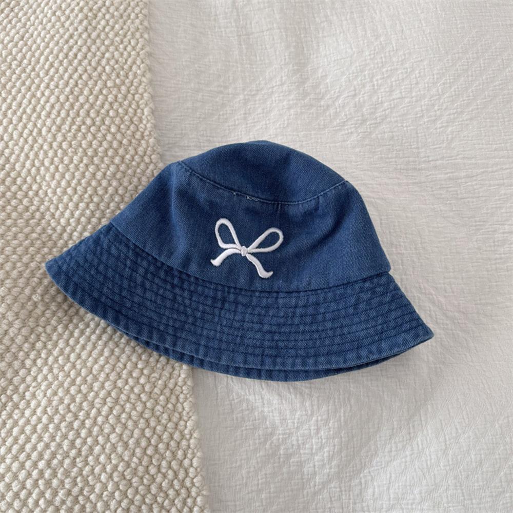 Summer Embroidery Bow Washed Denim Bucket Hat For Women Panama Hats Outdoor Fisherman Hat Beachside Sunscreen Visor Cap